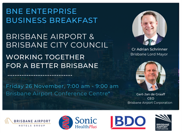 Business Breakfast with Lord Mayor Adrian Schrinner and Brisbane Airport CEO Gert-Jan de Graaff Friday 26 November